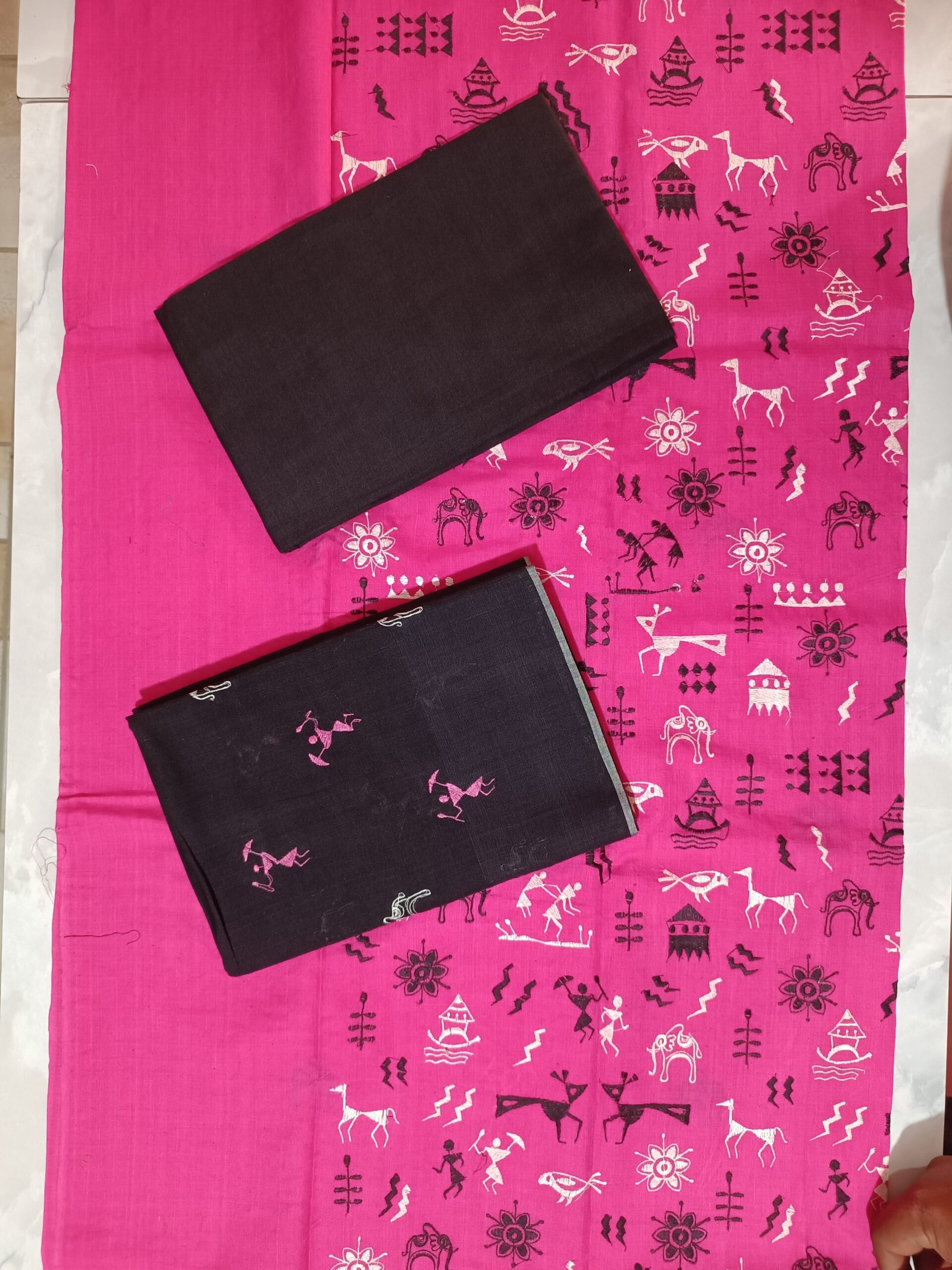 Black Pink Embroidery Cotton Dress Set Fabric