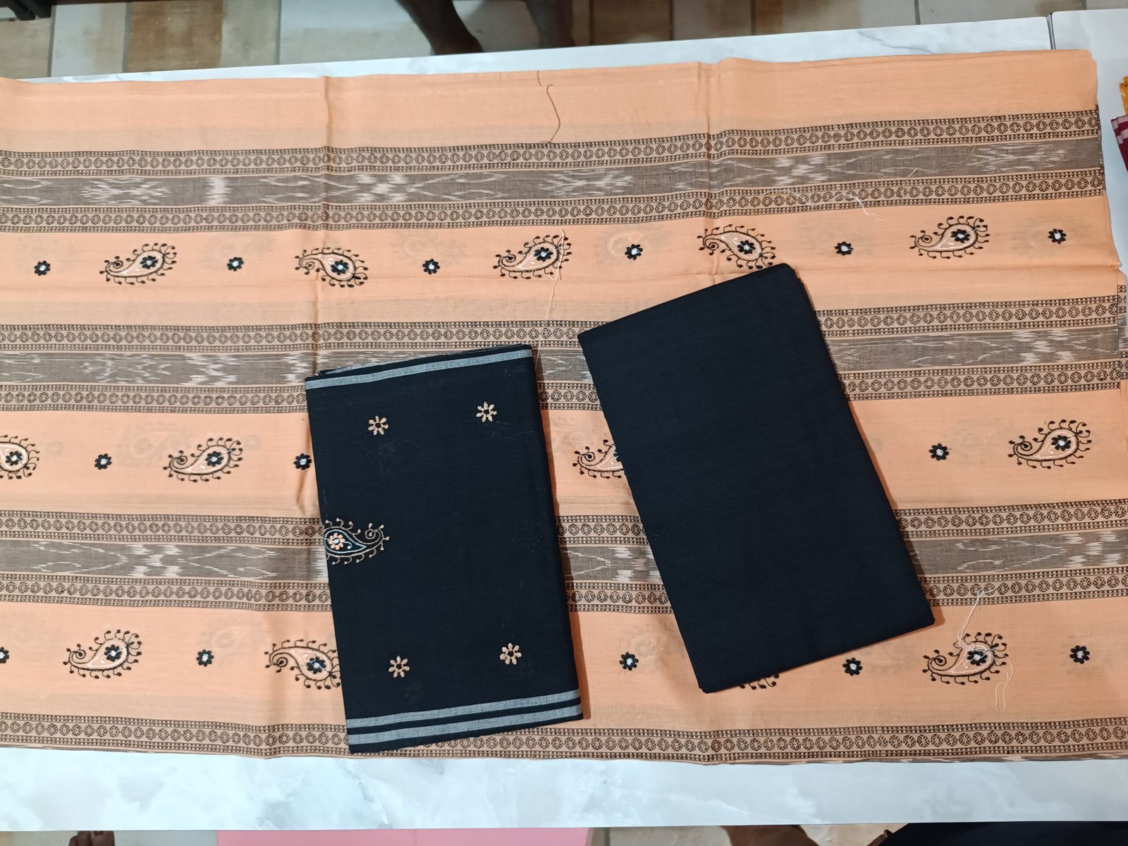 Black Peach Embroidery Cotton Dress Set Fabric